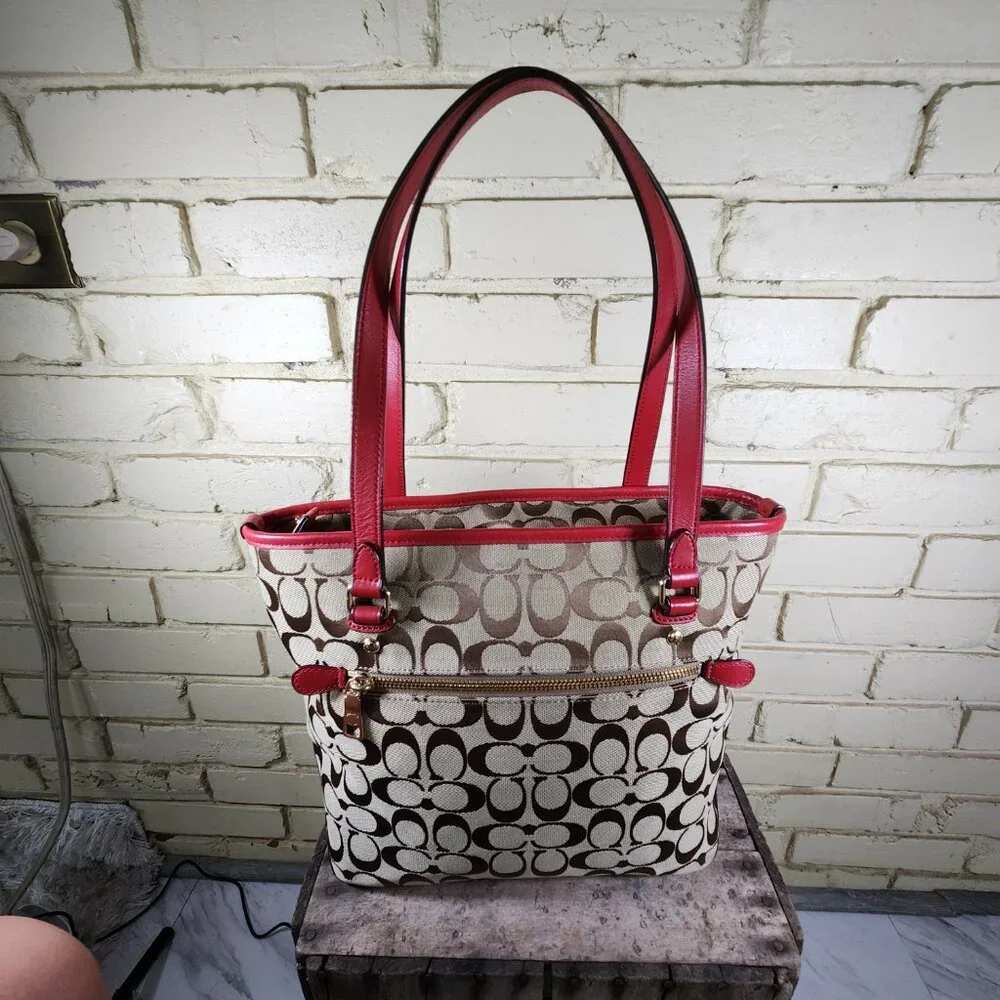 Like New Coach Signature Khaki & Red Leather Trim Shoulder Bag Tote Purse